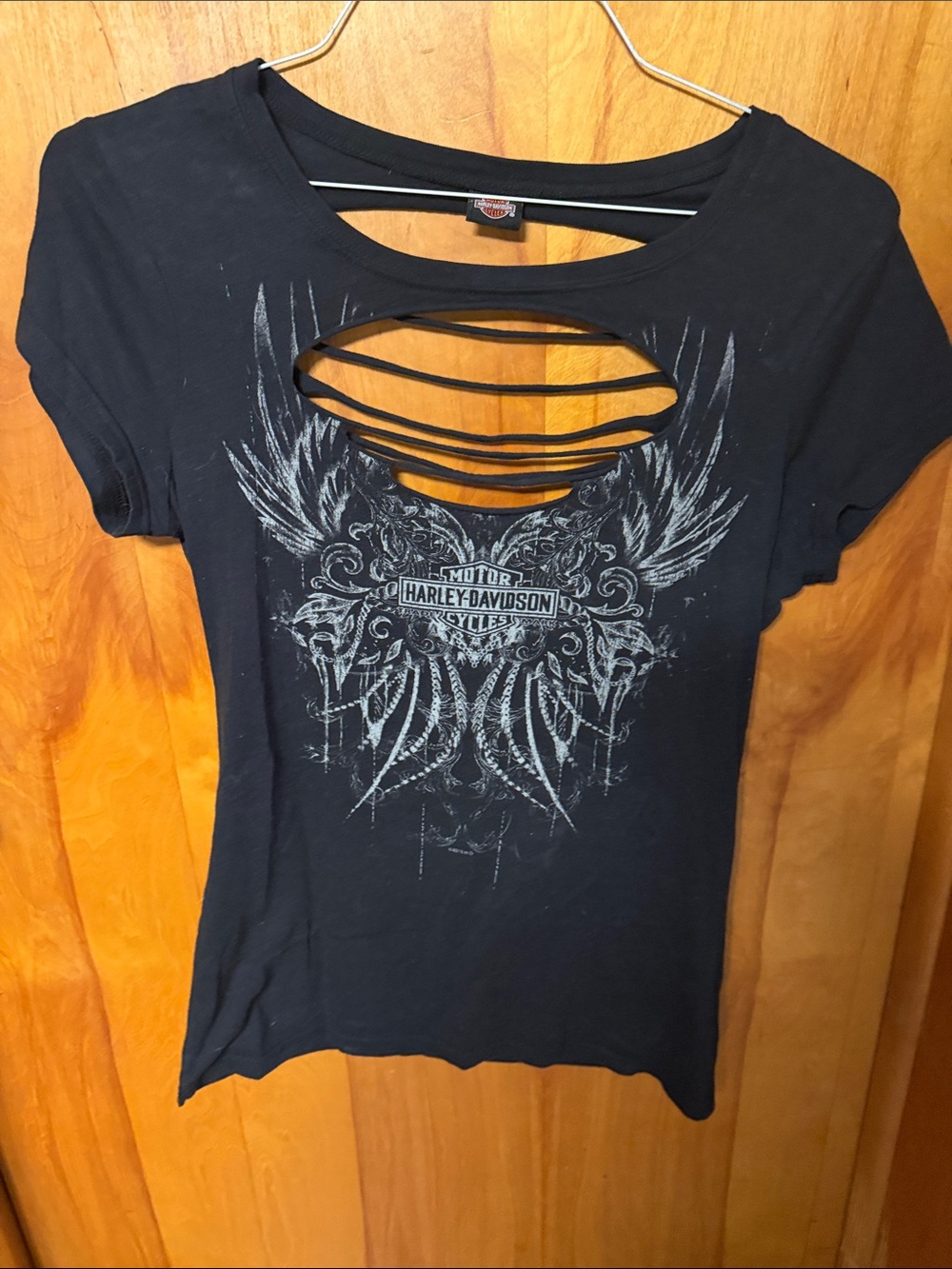 Harley-Davidson Black Tee with Silver Wing Graphic and Cutout Detail